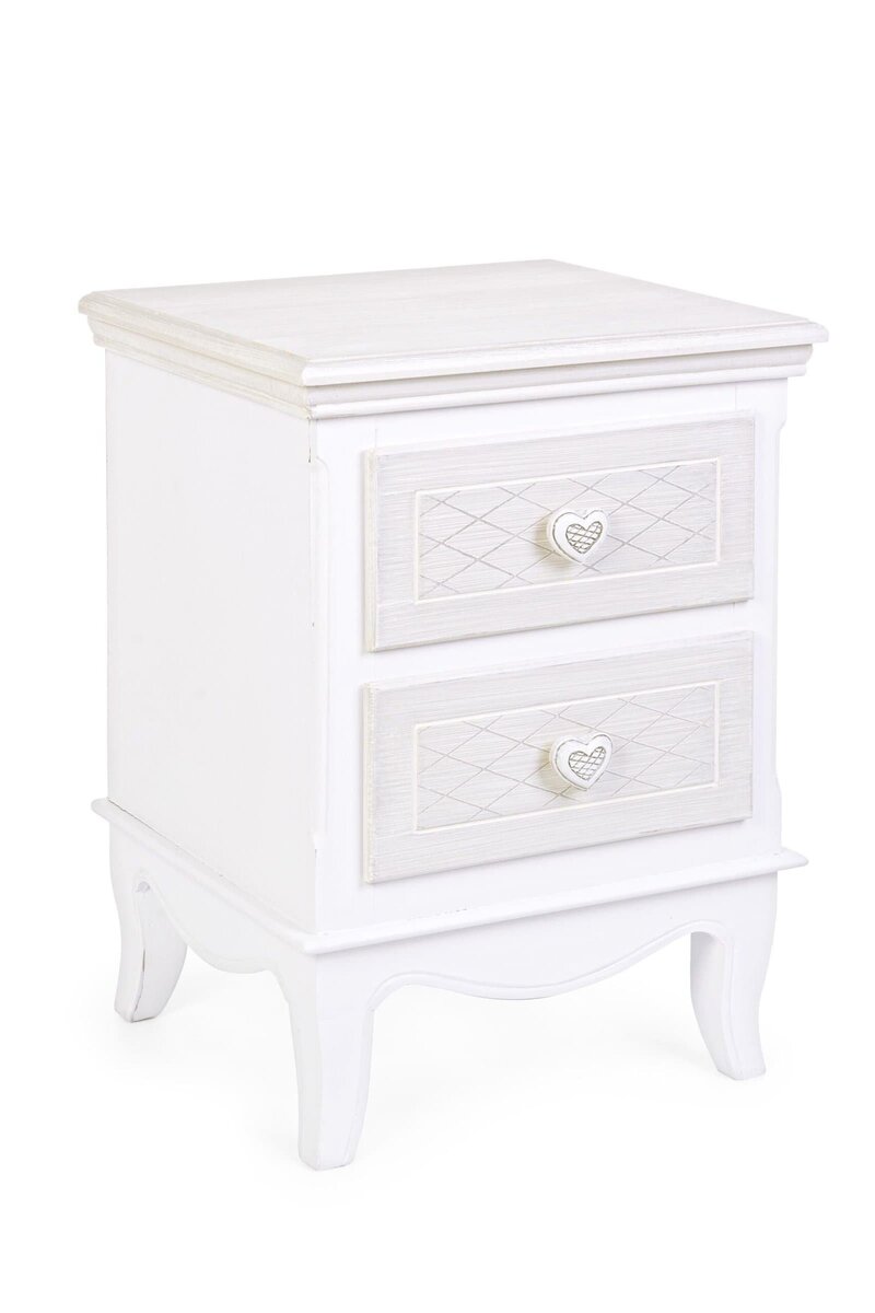 Comò in stile shabby con due cassetti decorativi, cuore in tessuto, finitura vintage bianca.