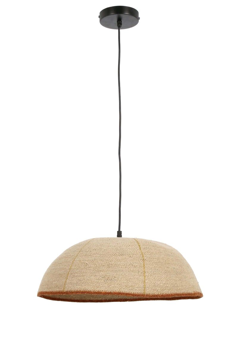 Lampada a sospensione in tessuto beige, perfetta per soggiorni e zone living eleganti.