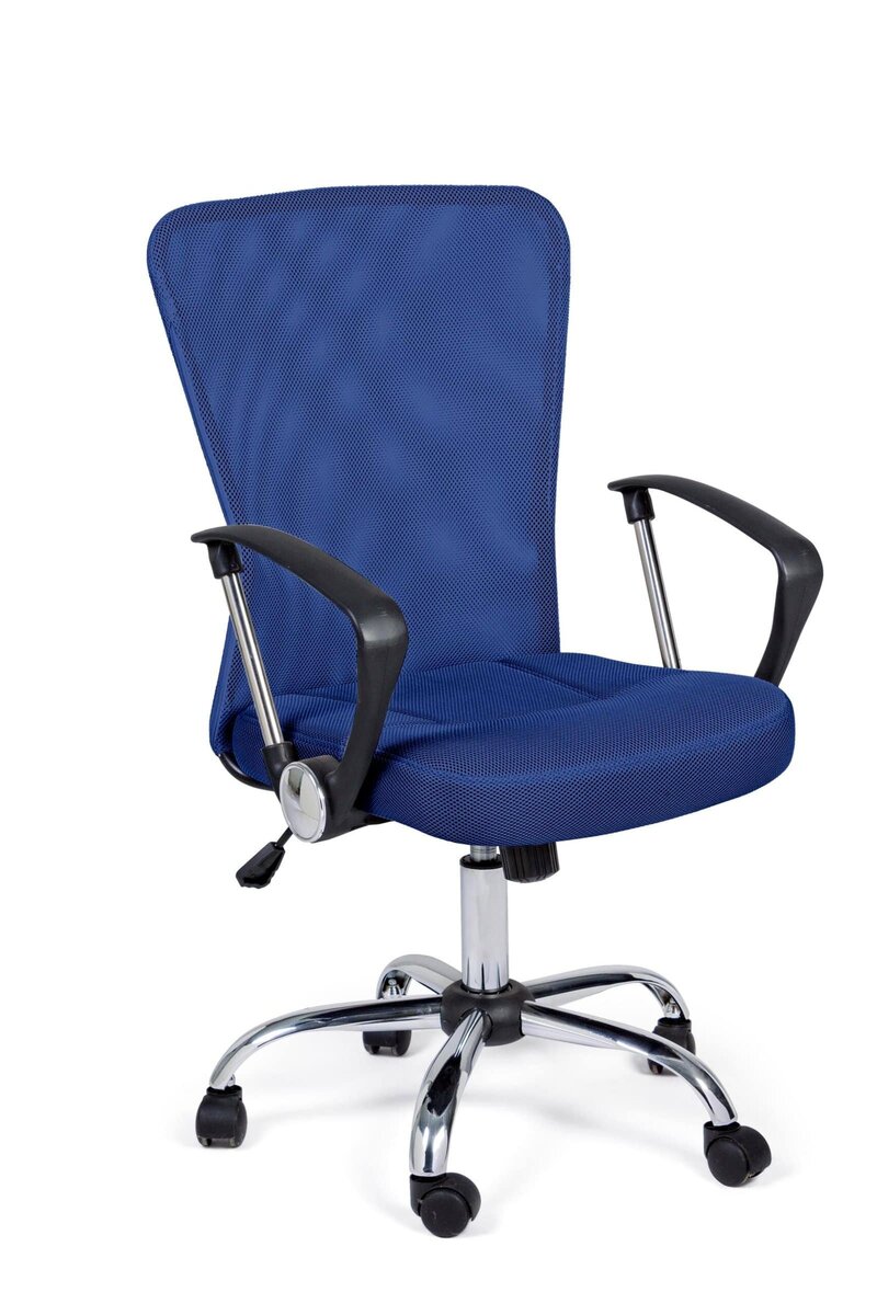 Seduta ufficio ergonomica blu con braccioli e ruote, ideale per spazi di lavoro moderni.
