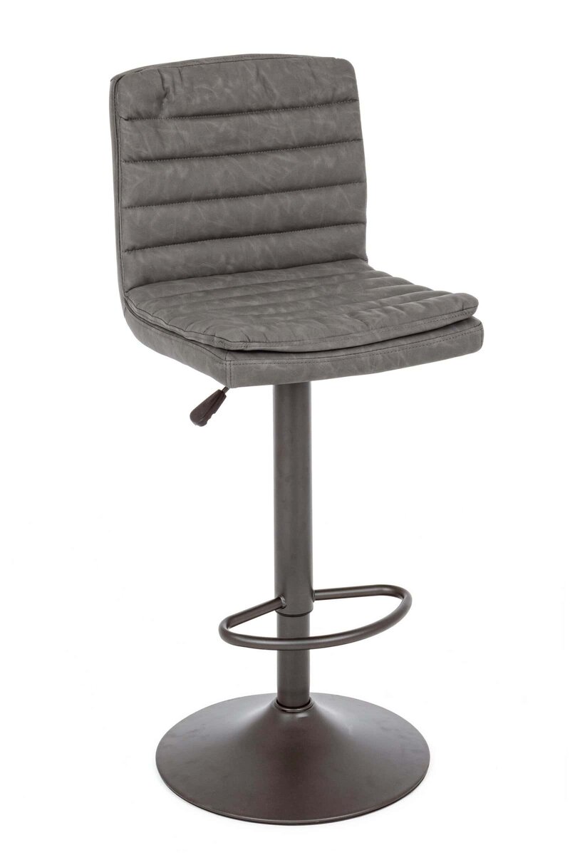 Sedie bar moderne con seduta imbottita in tessuto grigio e base in metallo, stile contemporaneo.
