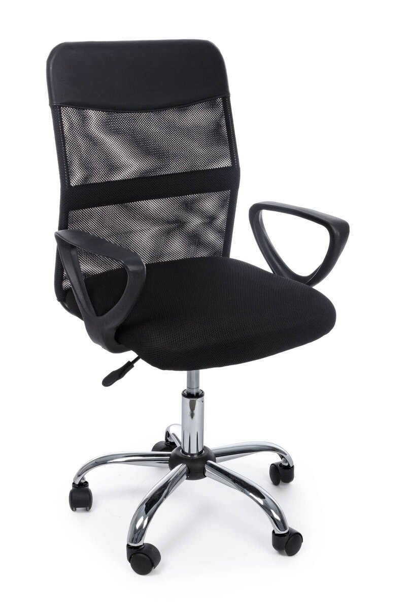 Sedia da scrivania nera con supporto traspirante e rotelle, ideale per il comfort in ufficio.