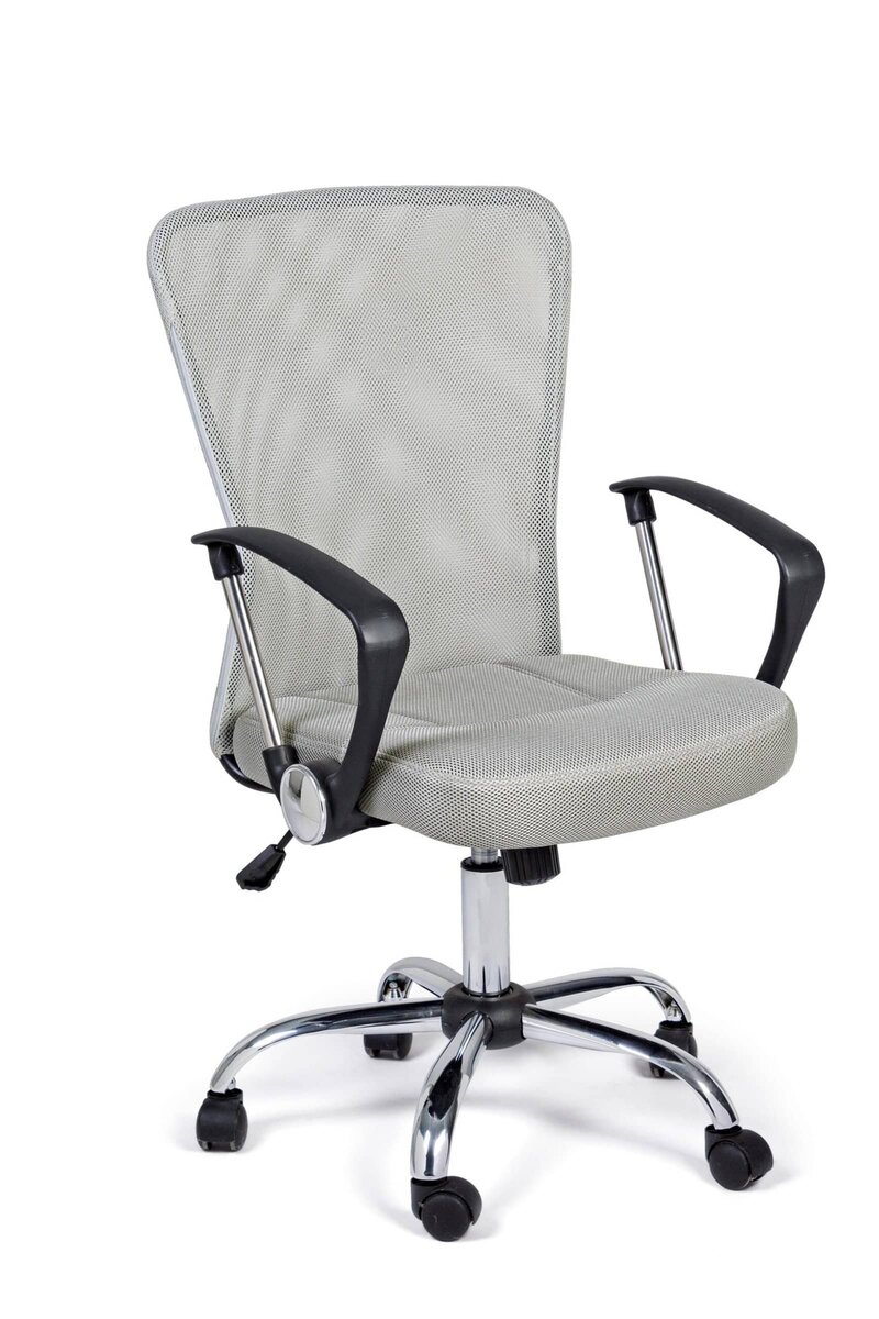 Sedia ergonomica da ufficio con schienale in rete, braccioli e ruote girevoli.