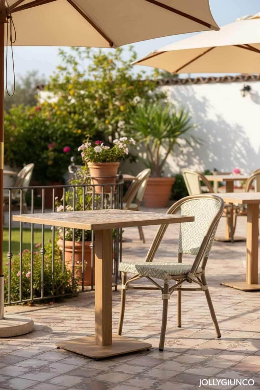 Ottima sedia da esterno, tavolo in legno e ombrelloni per ambienti all'aperto.