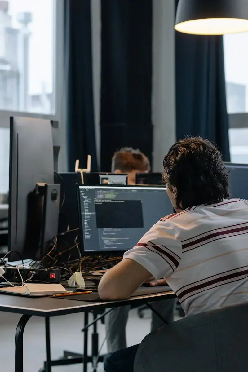 Team of developers working together on computers in a modern tech office.