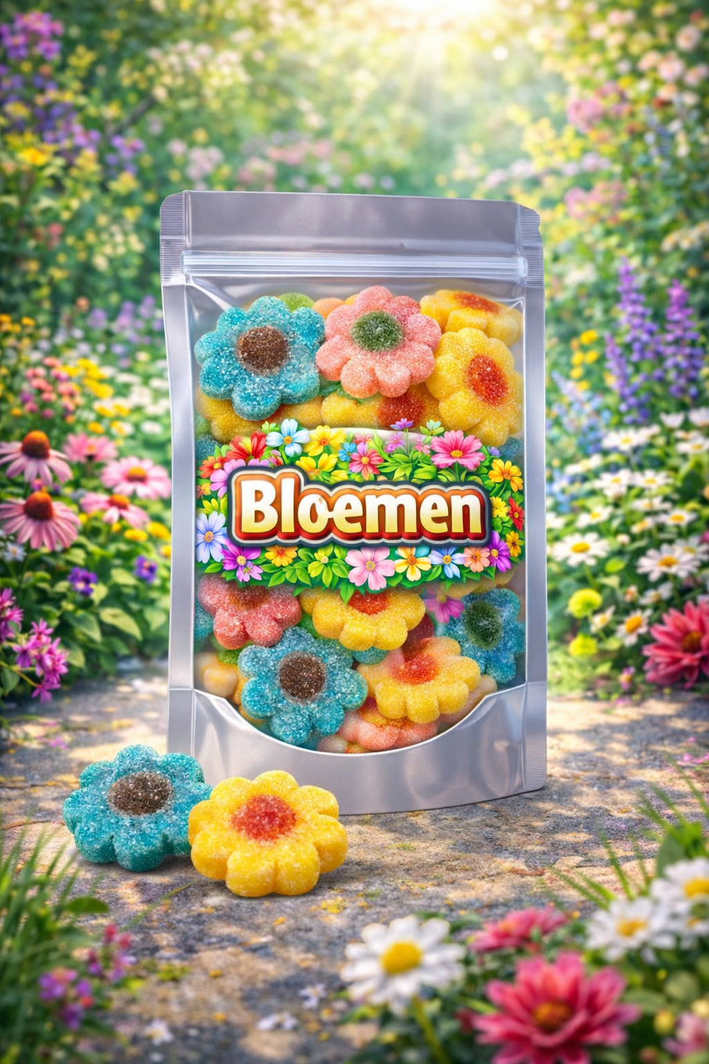 Gesuikerde bloemen snoepjes van Dulce Plus in verschillende kleuren, tweekleurige fruitgom in de vorm van bloemetjes met een fijn suikerlaagje