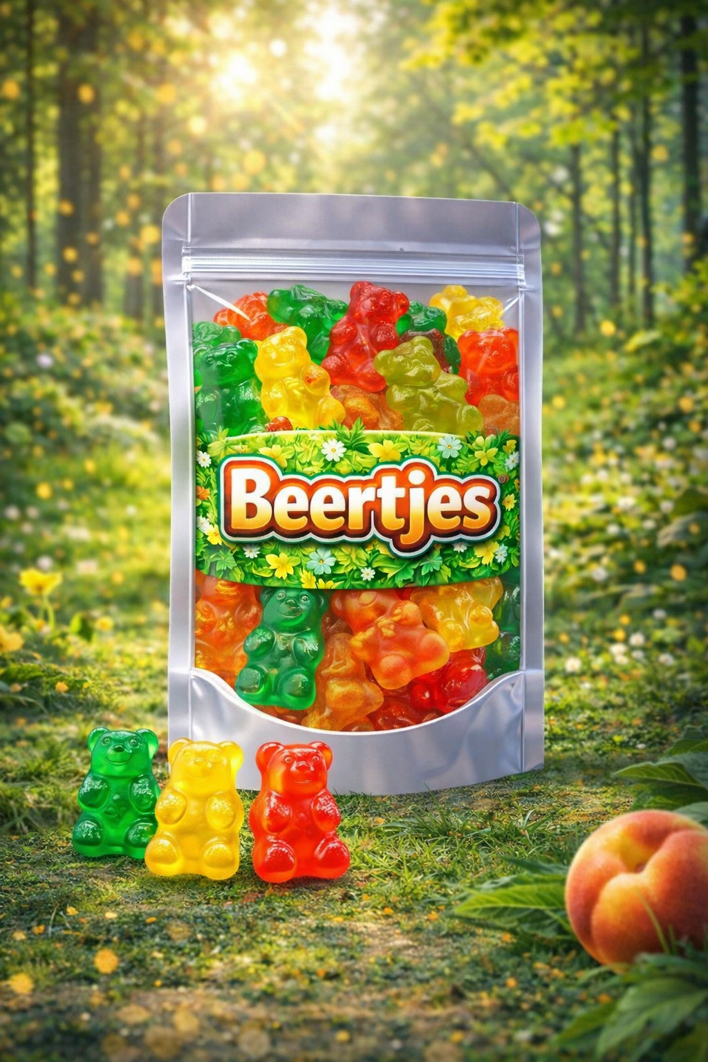 Kleurrijke fruitachtige teddybeertjes van Jake, zachte glutenvrije gummy beertjes in diverse vruchtensmaken met een glanzende afwerking