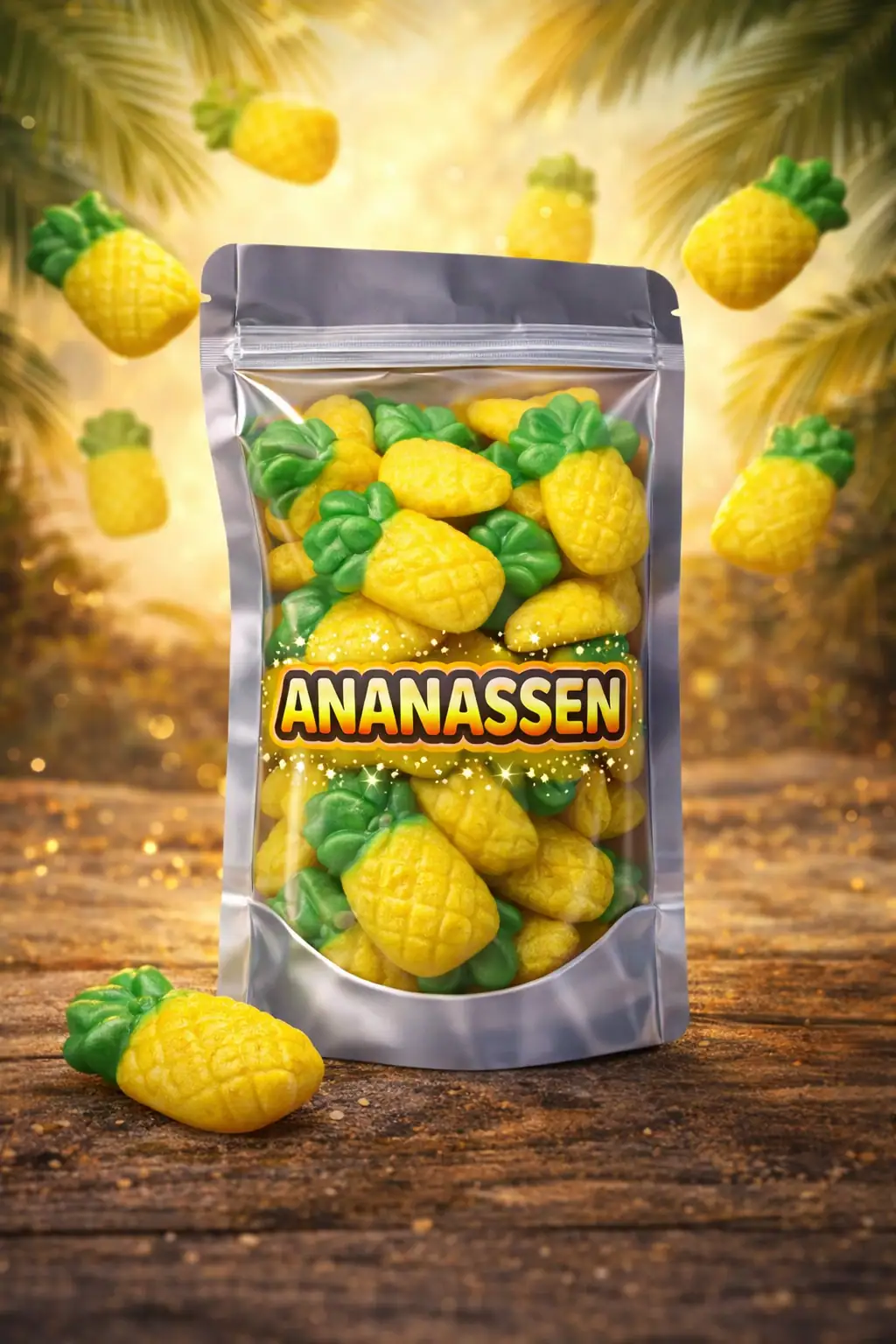 Zoete ananas snoepjes van Jake, zachte gele en groene snoepjes in ananasvorm met tropische ananassmaak zonder suikerlaag
