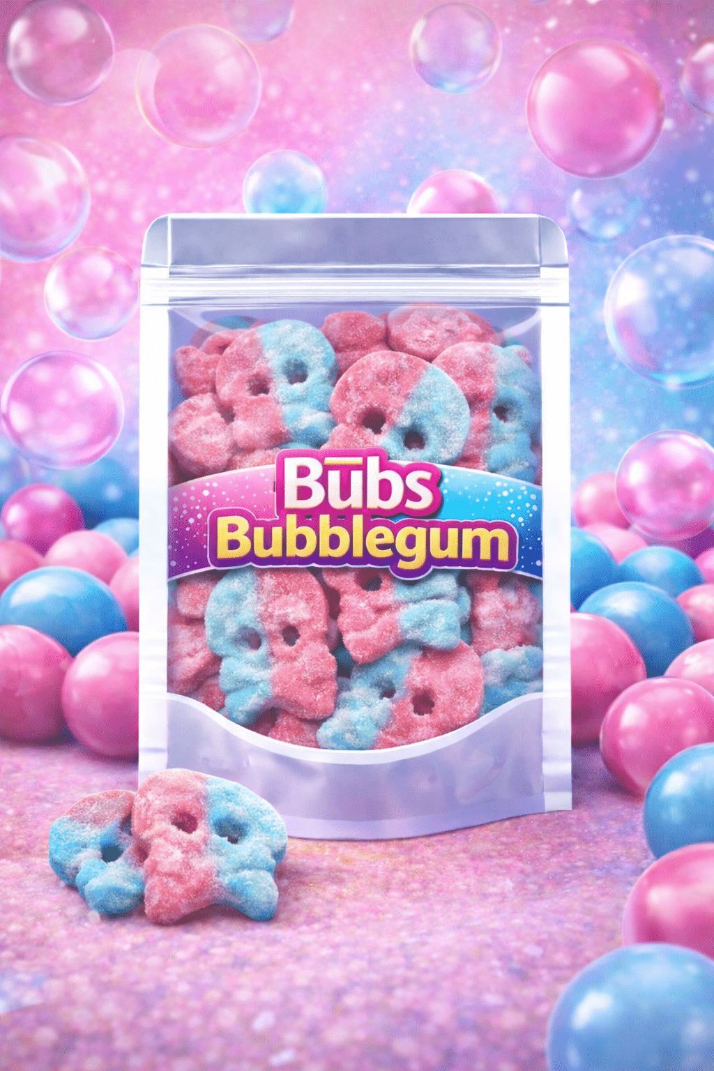 BUBS Dizzy Skulls snoep met bubblegum smaak – roze en blauwe zure snoepjes in de vorm van een schedel, vegan en glutenvrij.