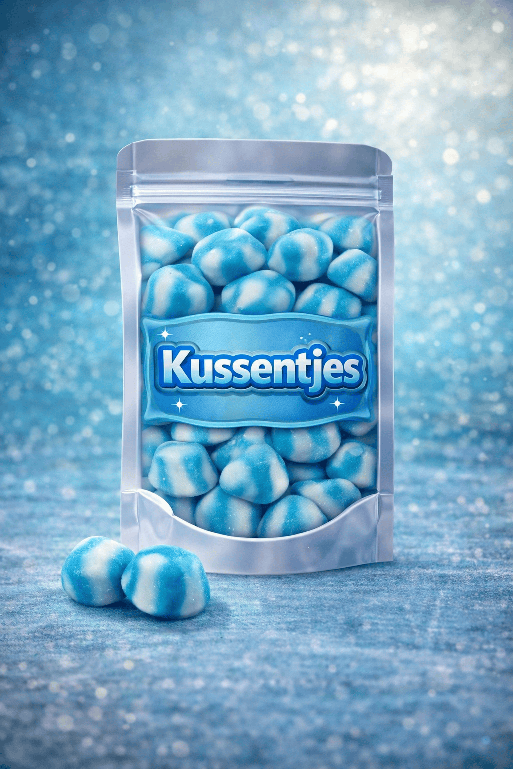 Dulce Plus getwiste blauwe kussentjes: zachte tweekleurige blauw-witte snoepjes in een gedraaide vorm met een milde, zoete smaak en een luchtige, zachte textuur