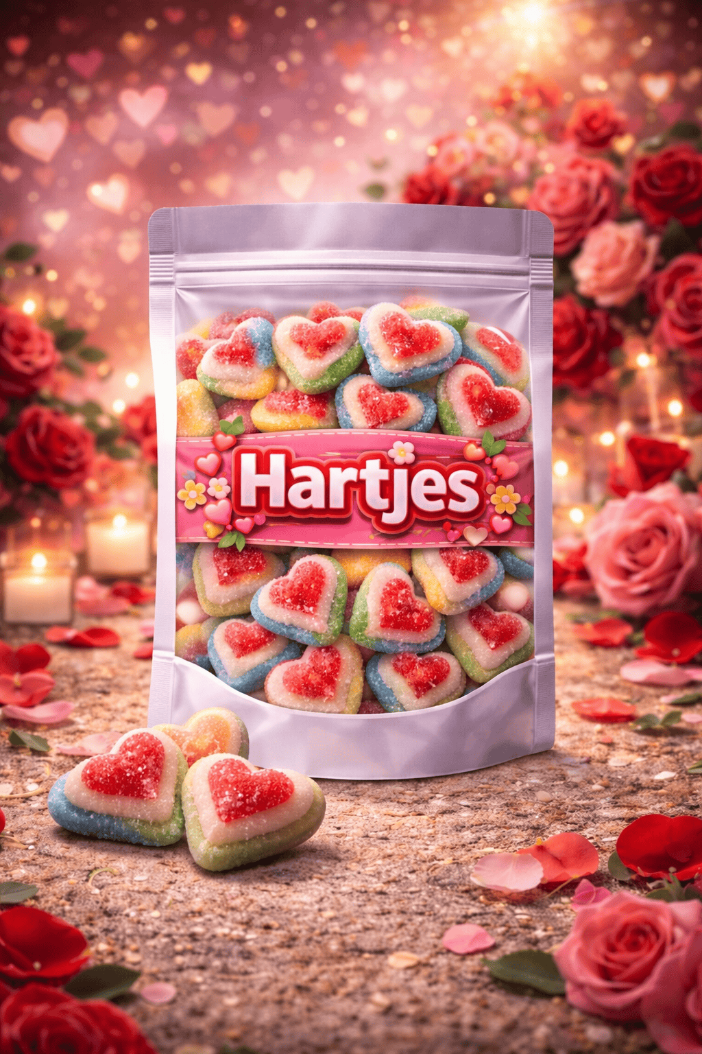 Dulce Plus gesuikerde 3D hartjes snoep, rood-witte fruitgom harten met suikerlaag, glutenvrij snoepgoed voor traktaties en Valentijnsdag