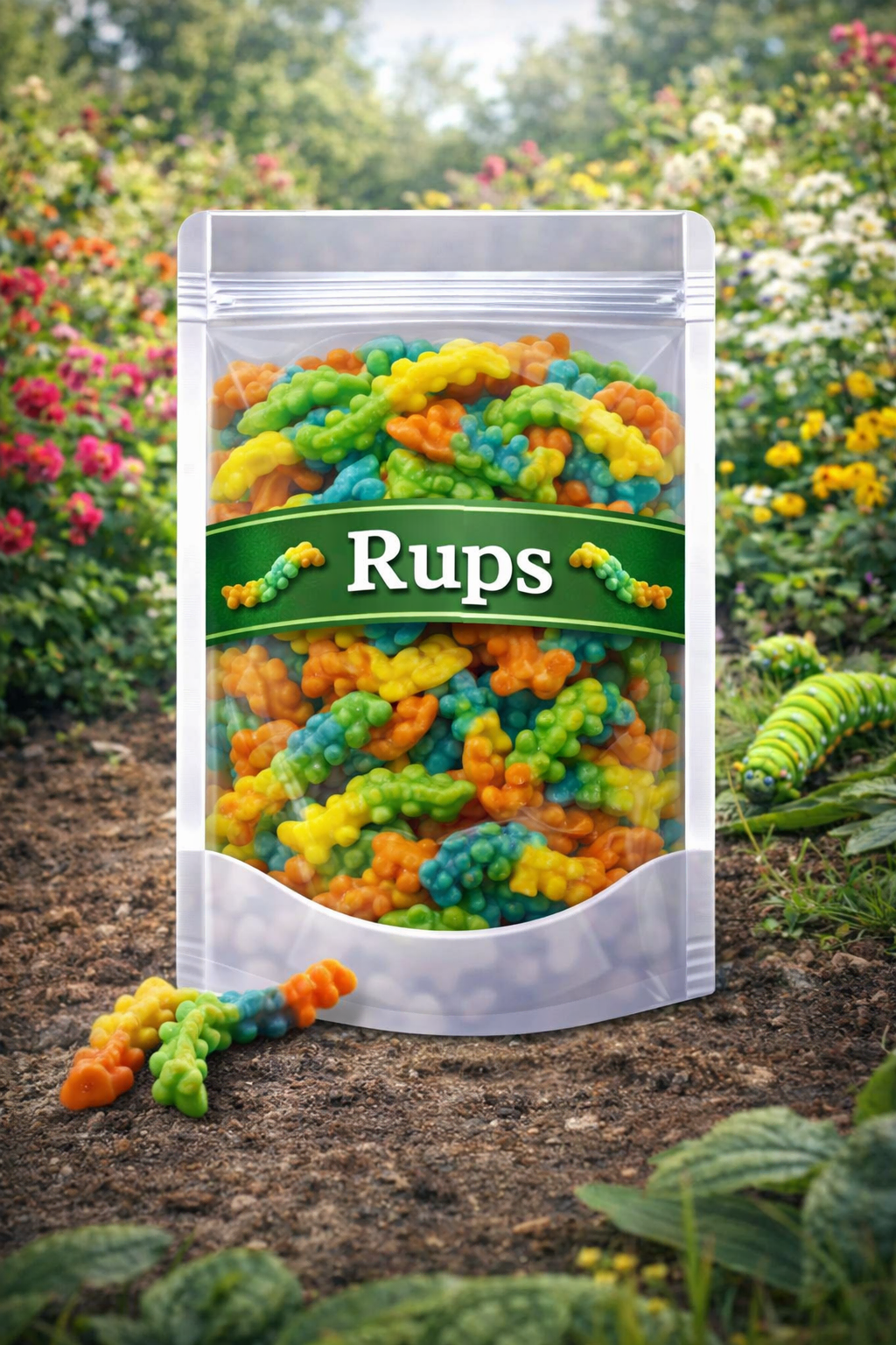 Dulce Plus gekleurde rupsen snoep, gladde fruitgum rupsen zonder suikerlaag, meerkleurige snoep rupsen van Dulce Plus, zachte fruitgom insecten