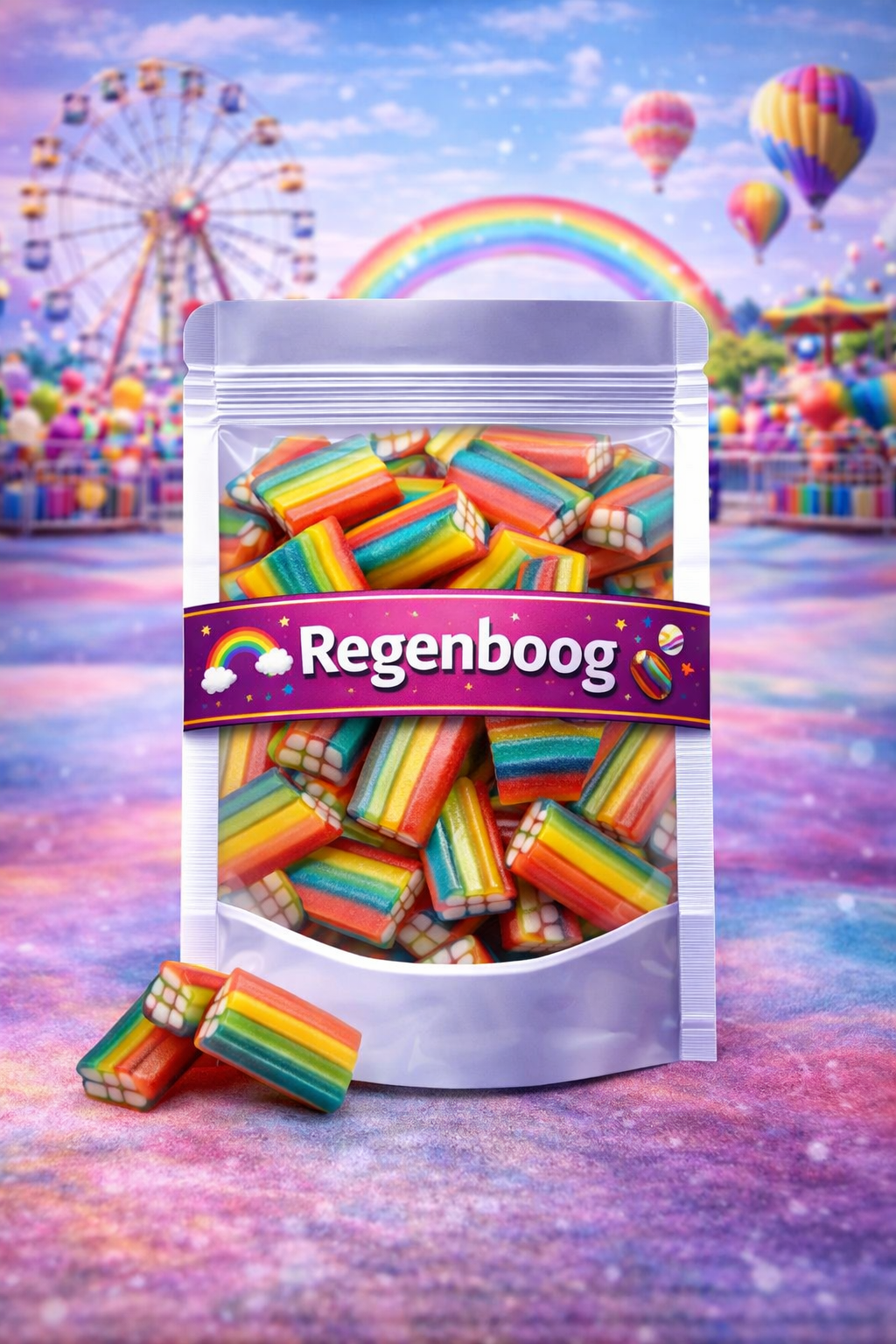 Dulce Plus regenboog snoep steentjes met crème vulling, kleurrijke vierkante snoepjes, meerkleurige bricks van Dulce Plus, gestreept snoep met witte vulling