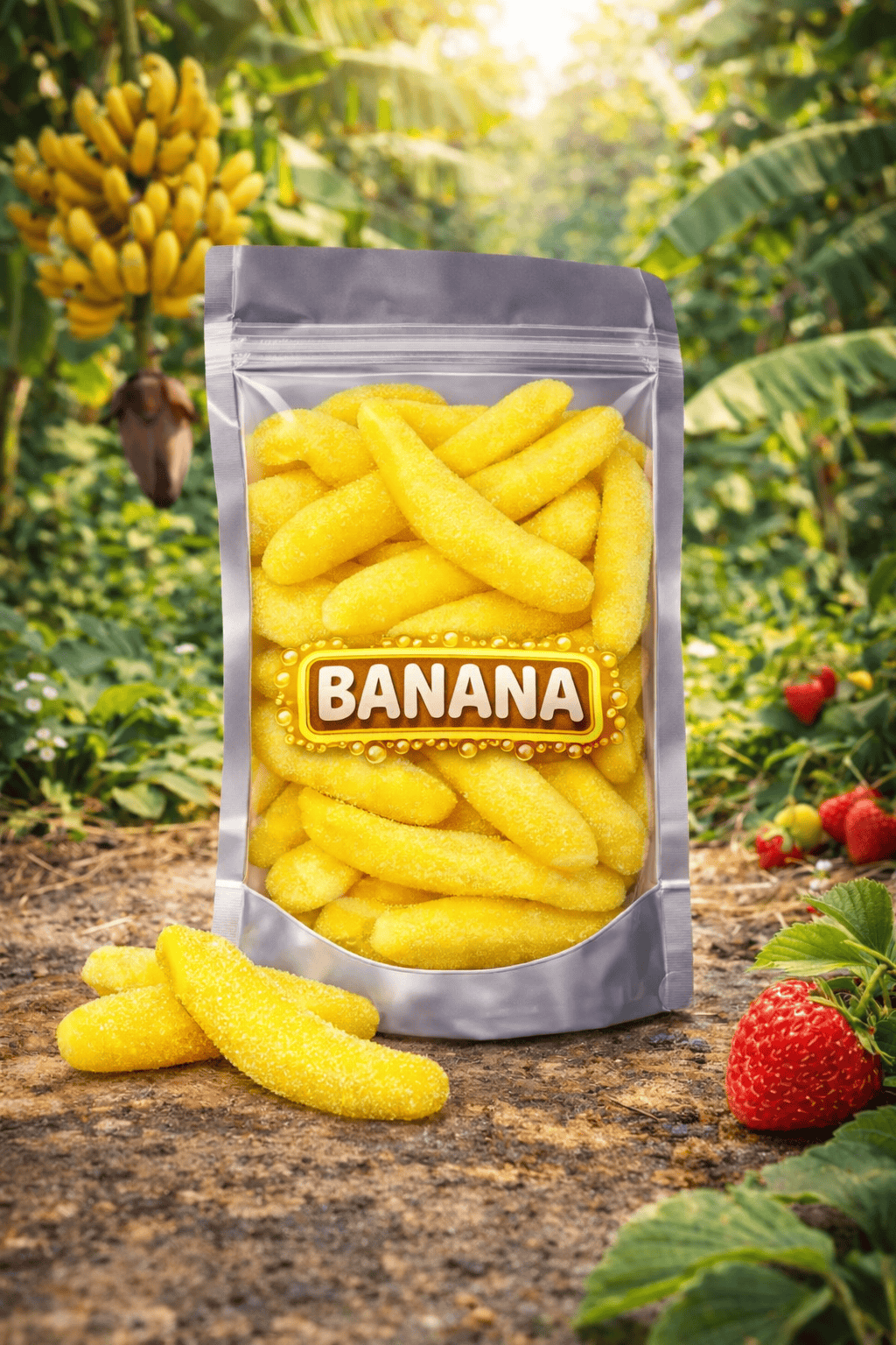 Jake gesuikerde bananen snoep, zachte gummies met bananensmaak en suikerlaag