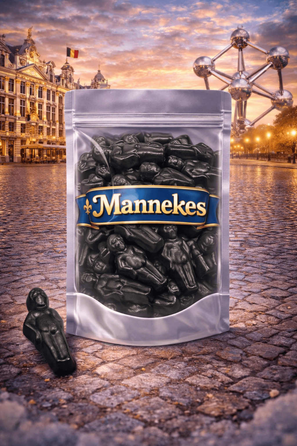 Brusselse Mannekes drop van Matthijs, stevige zwart-grijze dropjes in de vorm van het beroemde Manneken Pis met een milde, zoete dropsmaak