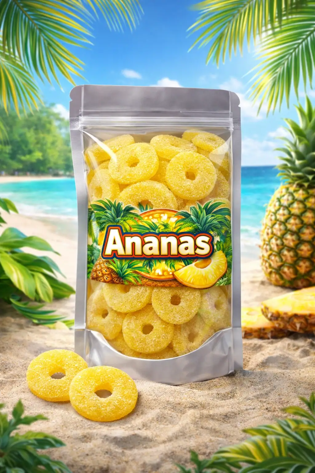 Gele zure ananasschijven met suikerlaag, vegan snoep met tropische ananassmaak