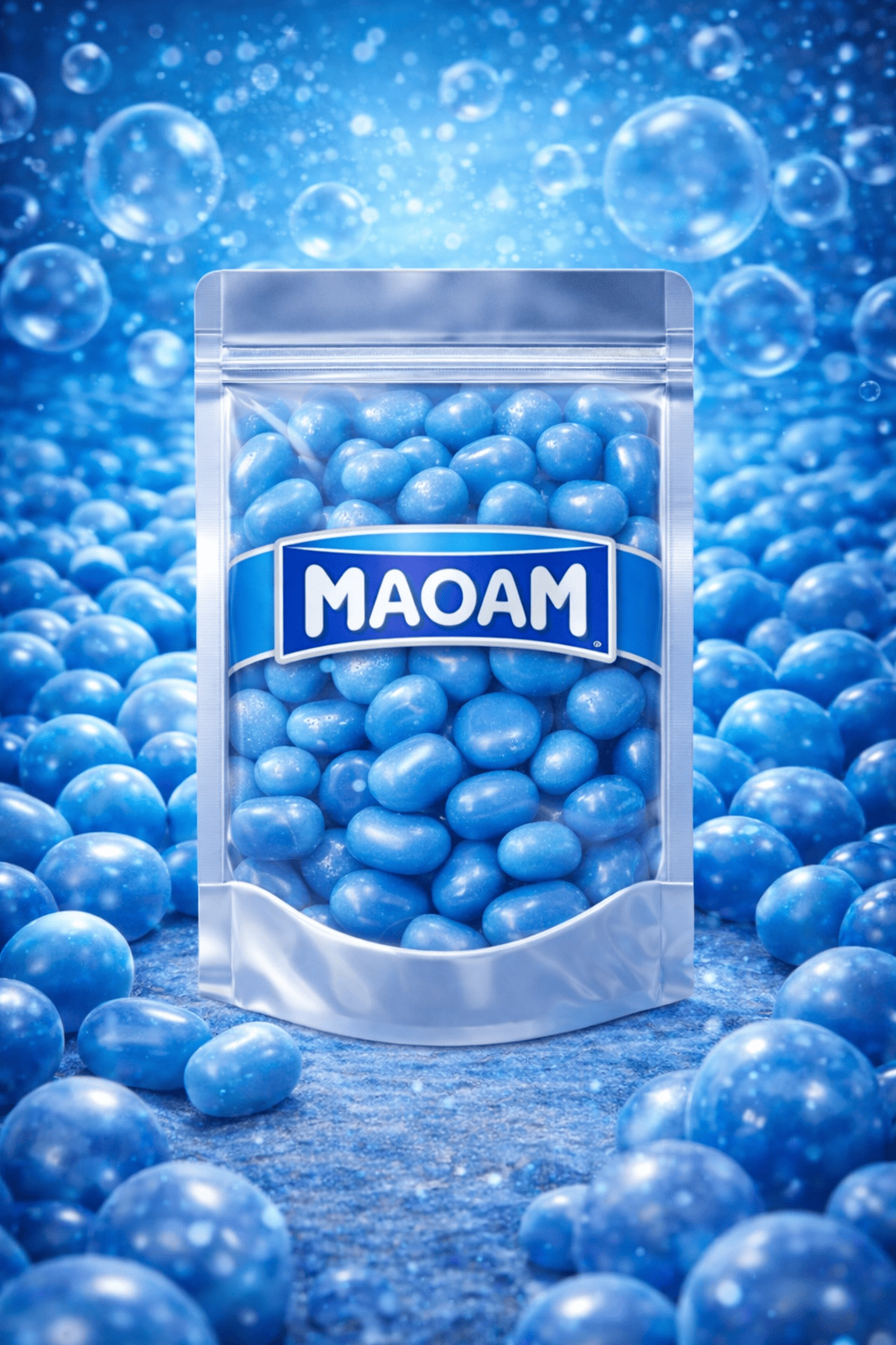 Maoam Pinballs Blue, glanzende blauwe kauwsnoepjes met een krokante suikerlaag en een tintelende kern, die zorgen voor een blauwe tong tijdens het eten