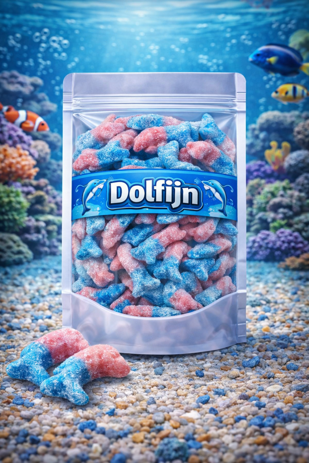 Zure bubblegum dolfijntjes, roze en blauwe tweekleurige dolfijn snoepjes met zuur suikerlaagje, Frisia dolfijnen snoepgoed, glutenvrij