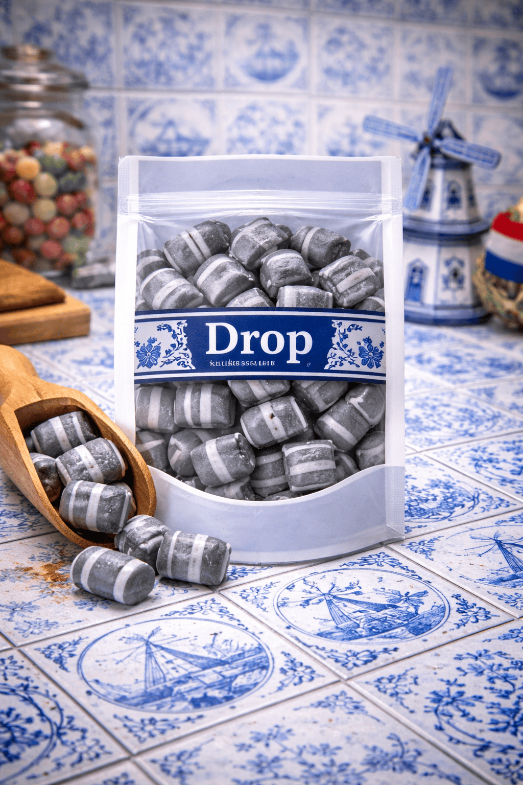 Holland Foodz dropkussentjes, oud Hollandse zwart-witte drop kussentjes, traditionele harde dropsnoepjes van Holland Foodz, nostalgisch zwart-wit suikerwerk