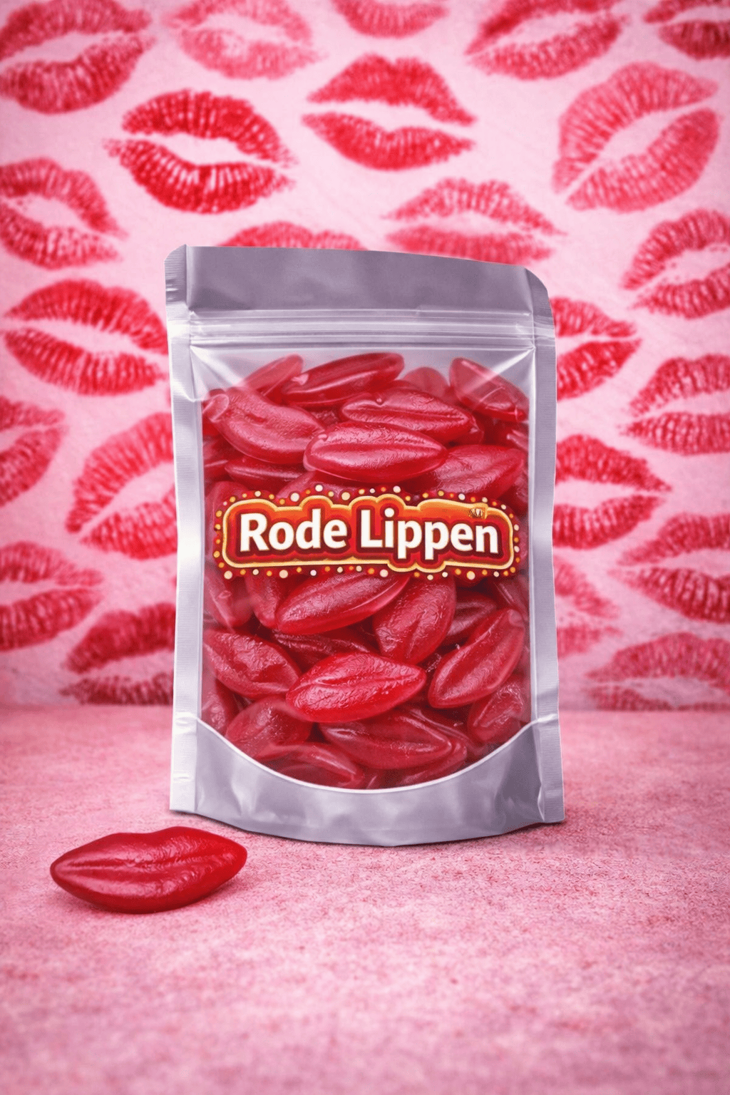Rode lippen snoep van frisia, met aardbei smaak ook wel red hot lips genoemd. Snoepjes in vorm van rode lippen