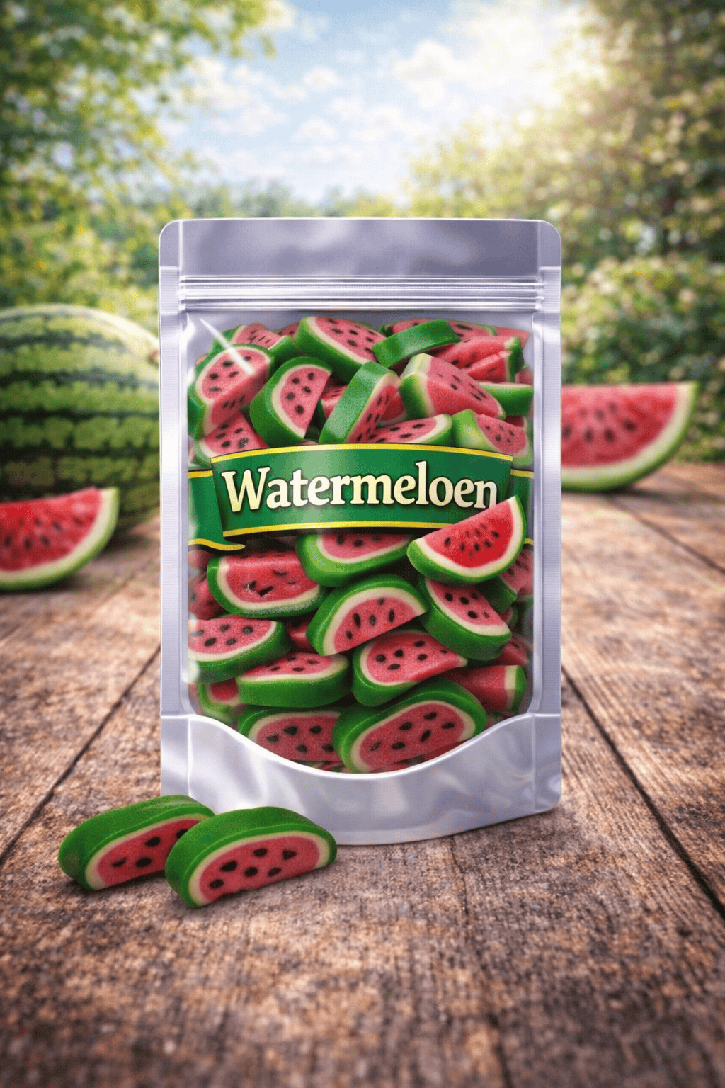 Vidal watermeloen schijfjes peelable snoep, interactief snoepgoed met een stevige groene buitenkant die je kunt pellen en een zachte, rode fruitige vulling aan de binnenkant