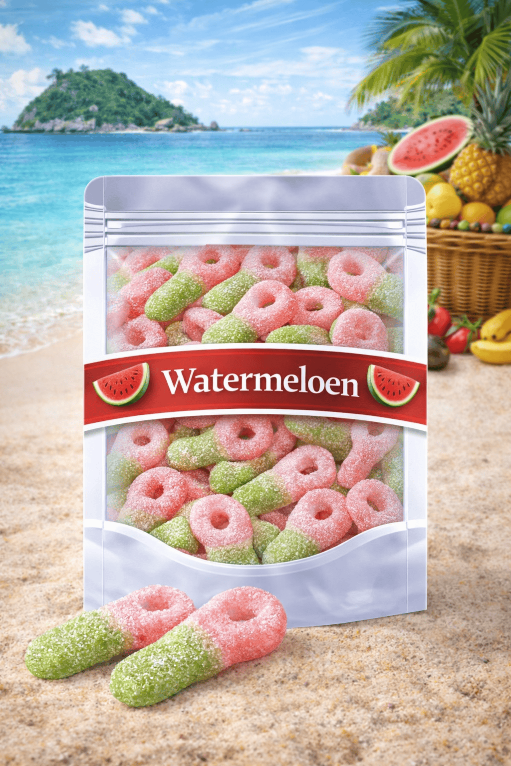 Frisia Zure Watermeloen Tutters snoep – tweekleurig groen en roze schepsnoep met een dikke suikerlaag. Populair zuur snoepgoed per 100 gram