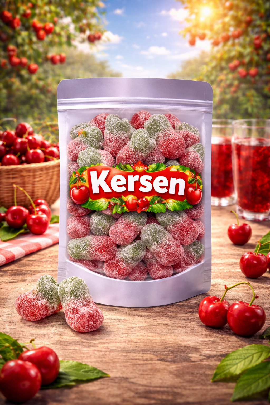Matthijs zure kersjes, tweekleurige zure kersen snoepjes met suikerlaag, vegetarisch en glutenvrij snoepgoed, zure fruitgom kersen