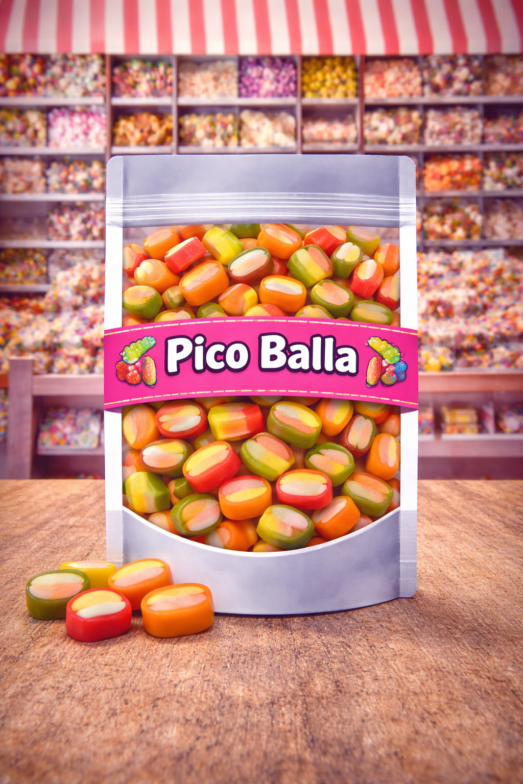 Haribo Pico Balla, kleurrijke gevulde fruitgum snoepjes, Haribo Pico-Balla met dubbele vulling, zachte tweekleurige fruitgom rolletjes van Haribo
