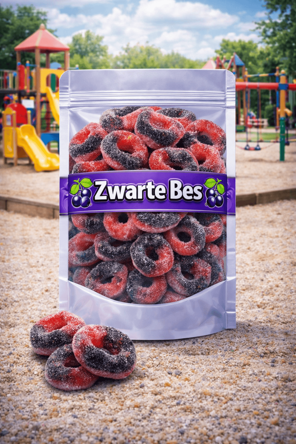 Park Lane zure zwarte ringen, rood-zwarte snoepringen met zwarte bes smaak, gesuikerde tweekleurige blackcurrant ringen van Park Lane, zuur snoepgoed
