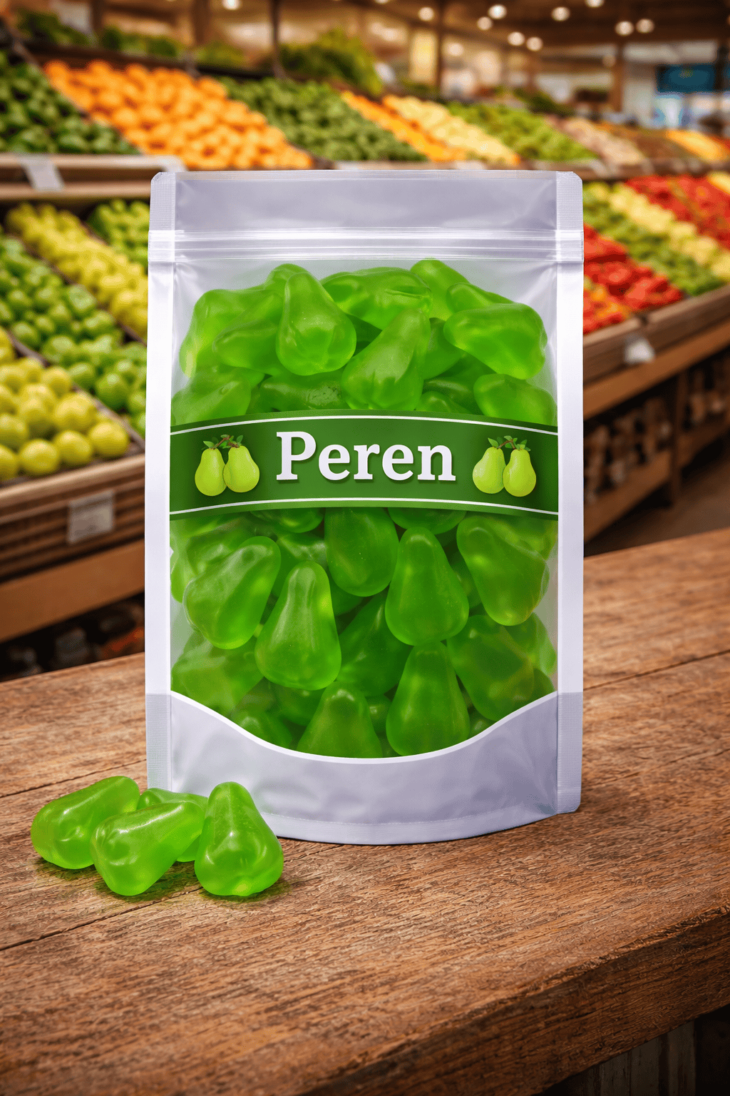 Park Lane zachte groene peren snoep, gladde fruitgum peren zonder suikerlaag, zoete groene perensnoepjes van Park Lane, zachte fruitgom in peervorm