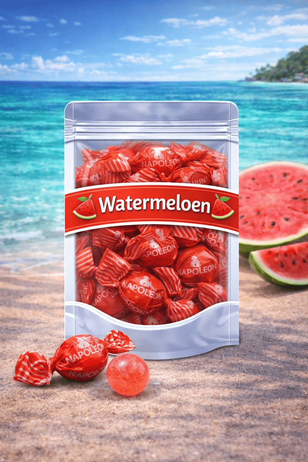 Napoleon watermeloen kogels rood, harde Napoleon snoepjes met zure poederkern, rode watermeloen bonbons, Napoleon fruitkogels watermeloensmaak