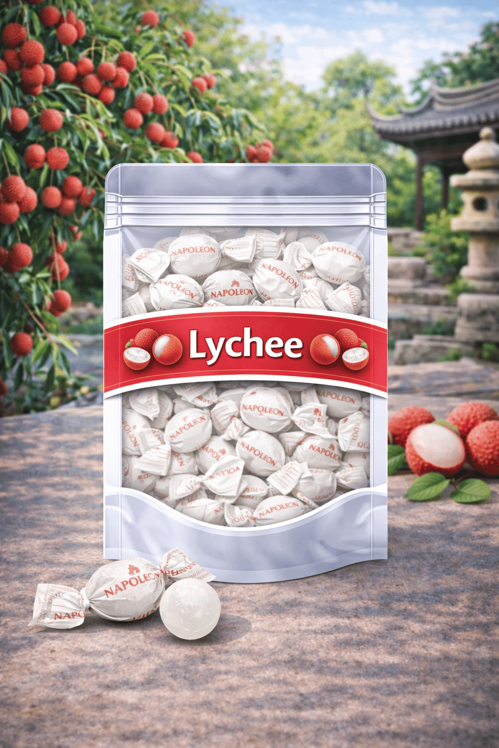 Napoleon lychee kogels wit, harde Napoleon snoepjes met zure poederkern, witte lychee bonbons, Napoleon fruitkogels lycheesmaak