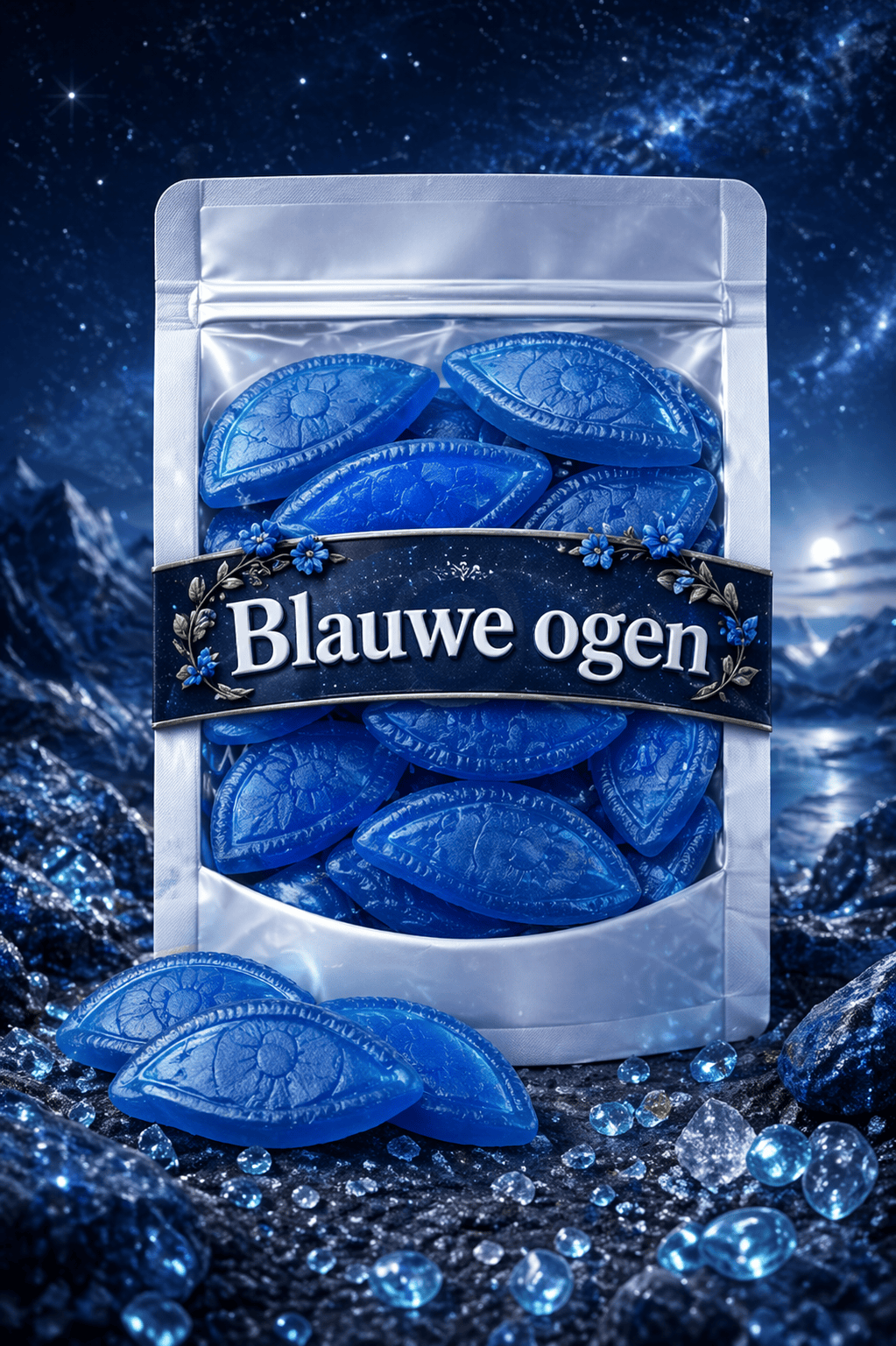 Blauwe ogen snoepjes van Frisia, zachte blauwe oogvorm snoep met zoete bosbessensmaak