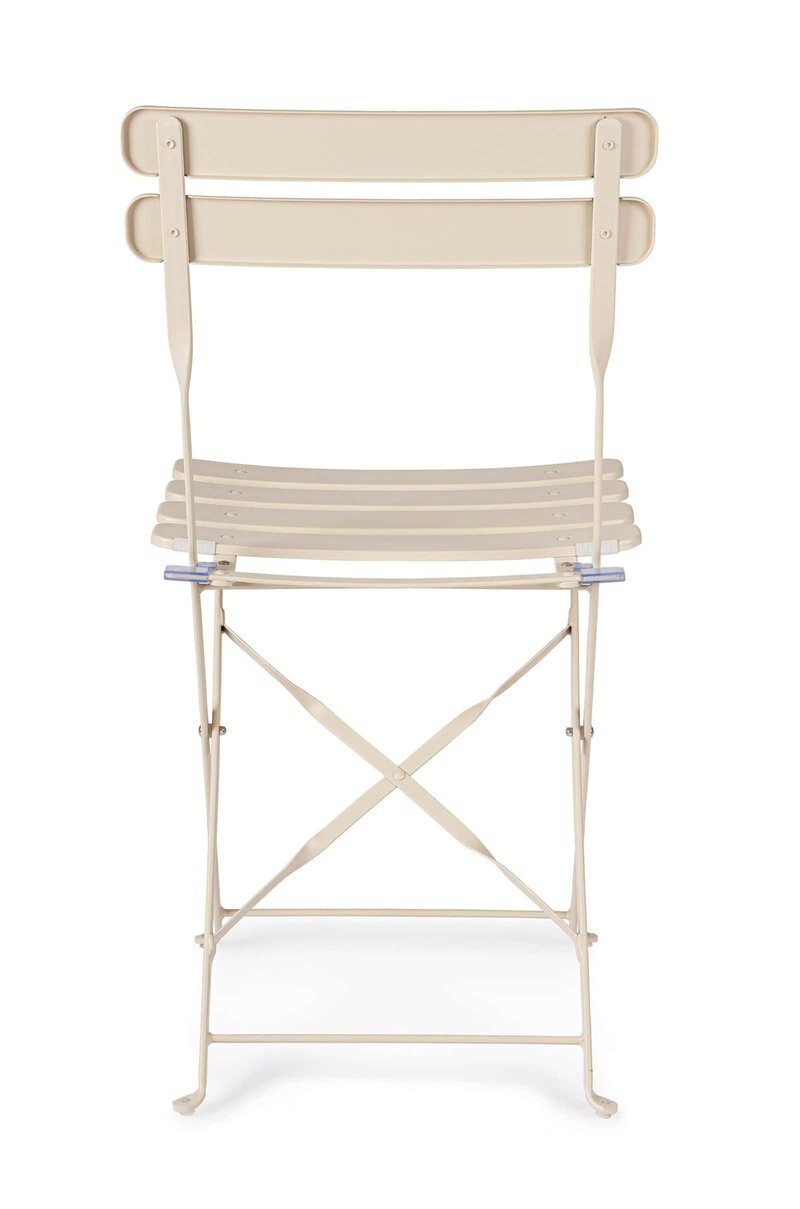 Sedia pieghevole da esterno in metallo beige con design elegante e resistente. Perfetta per giardino e terrazza.