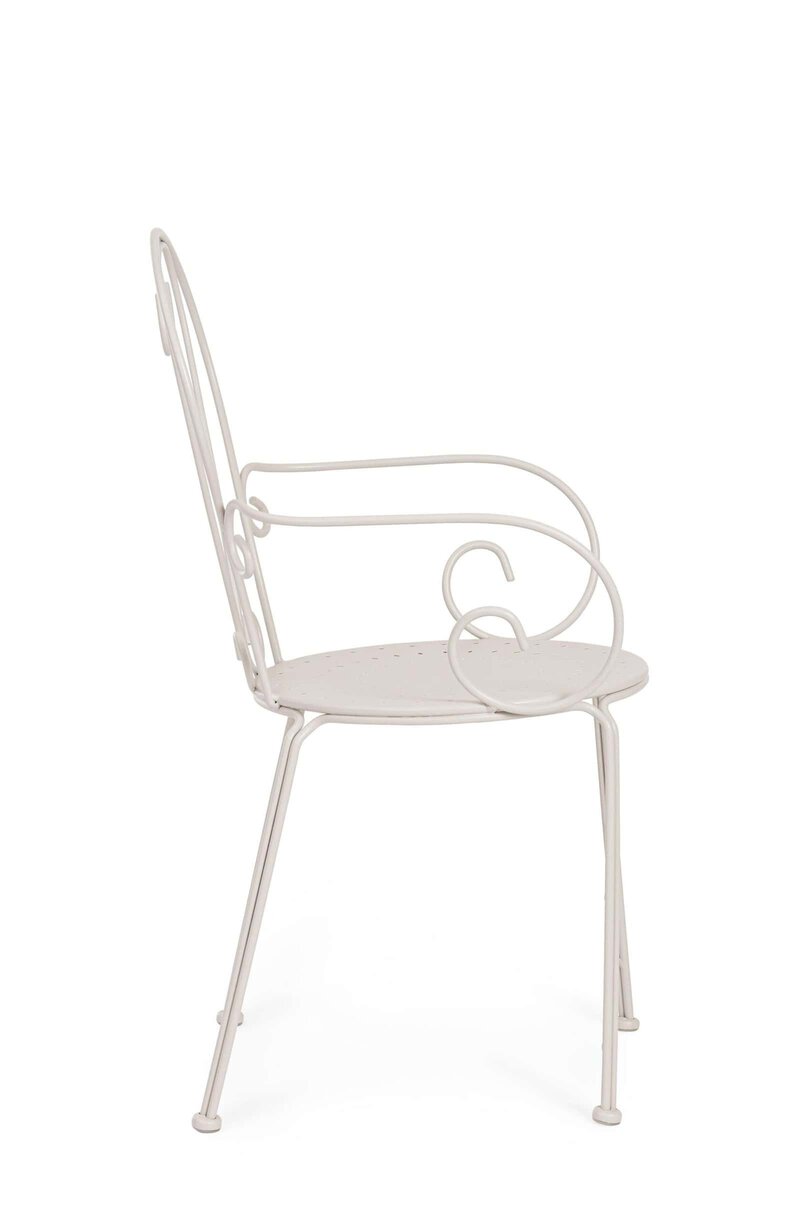 Sedia in ferro bianco con seduta e braccioli decorativi, ideale per ambienti esterni e interni.