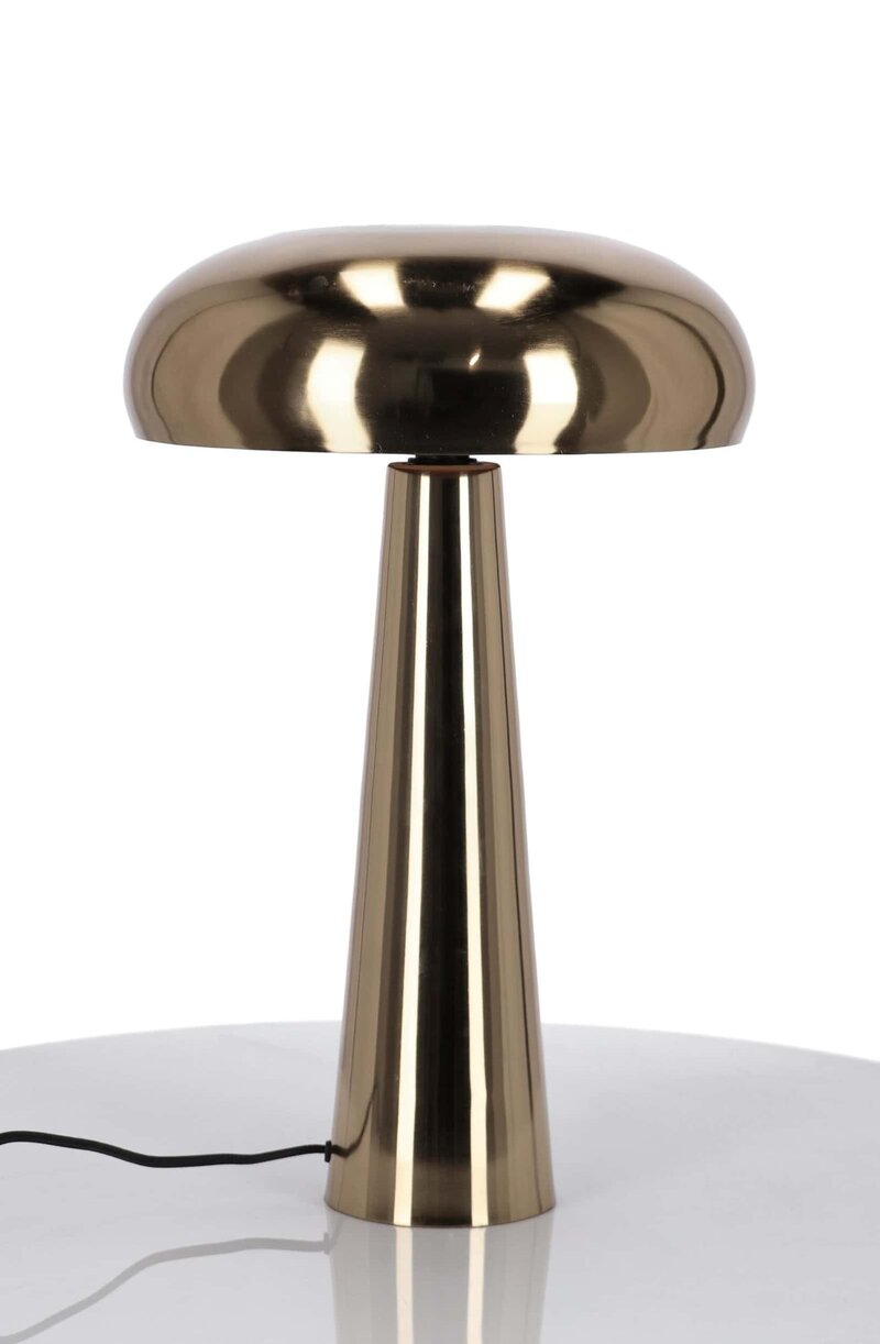 Lampo da tavolo in metallo dorato satinato, stile moderno, perfetto come luce decorativa e di design.