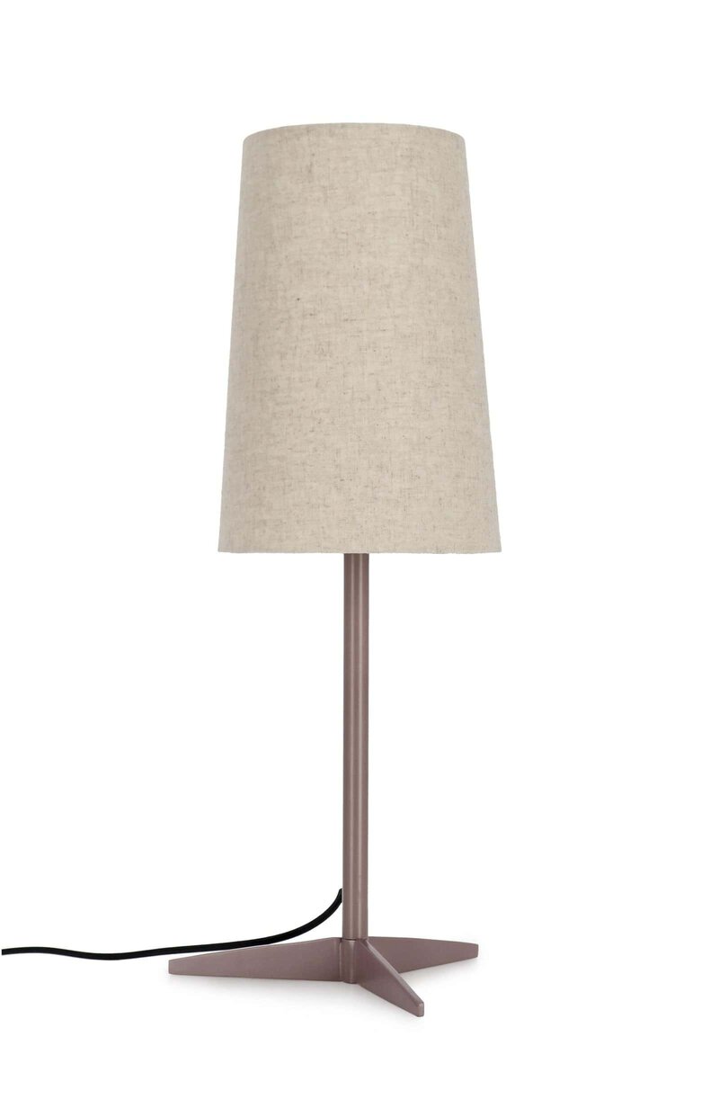 Lampada da tavolo con paralume beige in tessuto naturale, design elegante e moderno. Perfetta per ambienti living e studio.