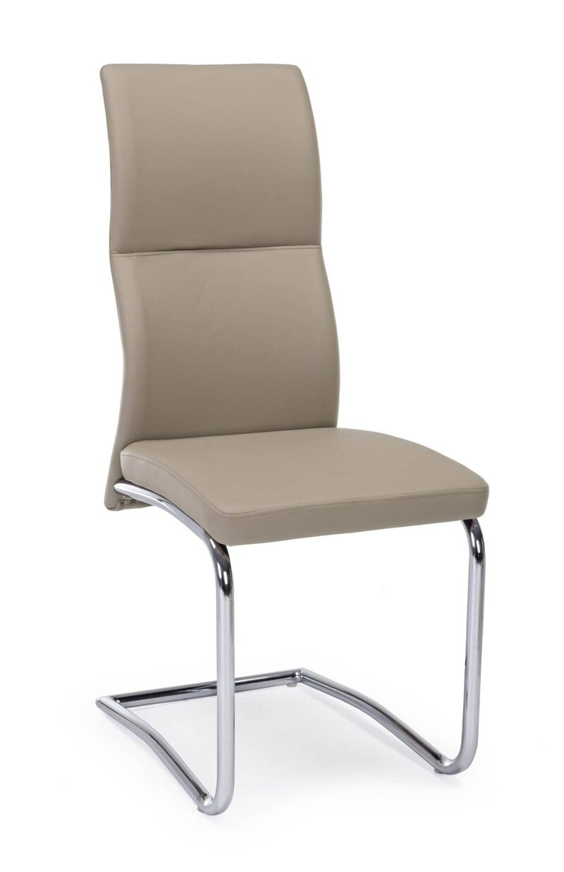 Sedia imbottita color beige con struttura in acciaio cromato elegante e resistente.