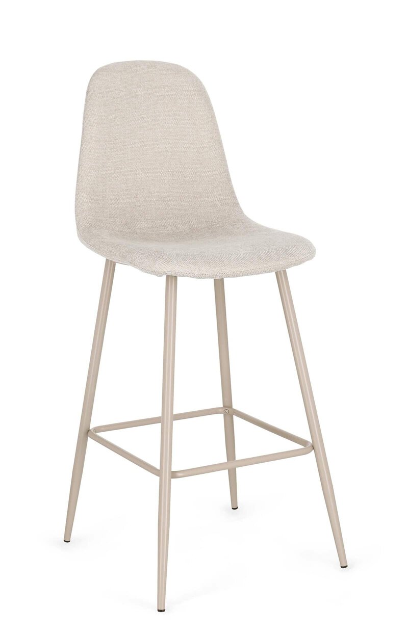 Sedia imbottita beige con struttura in legno chiaro, ideale per arredi di casa o ristoranti eleganti.
