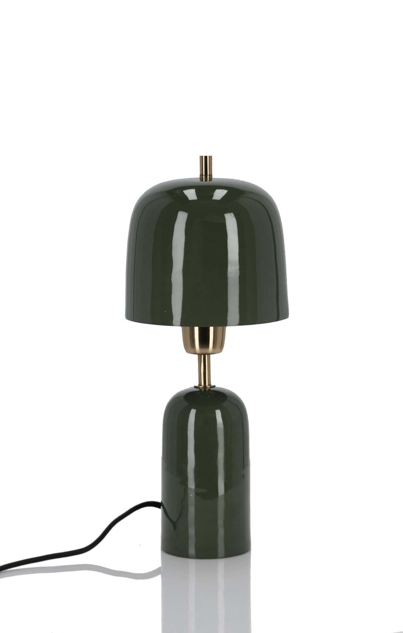 Lampada da tavolo moderna, design elegante in verde scuro con dettagli in ottone, ideale per soggiorni e camere da letto chic.