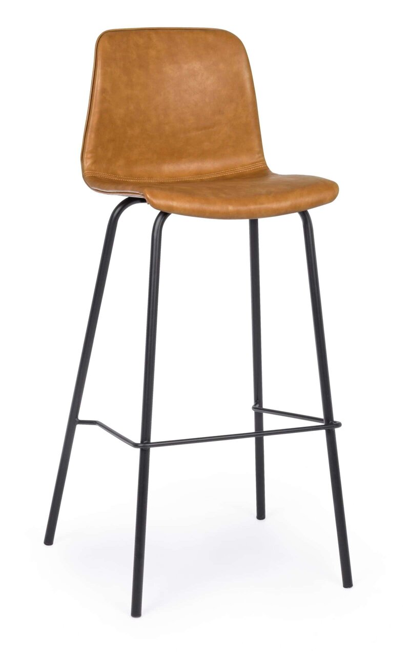 Sedia alta in pelle marrone con struttura in metallo nero, design elegante e confortevole per bar e cucina.