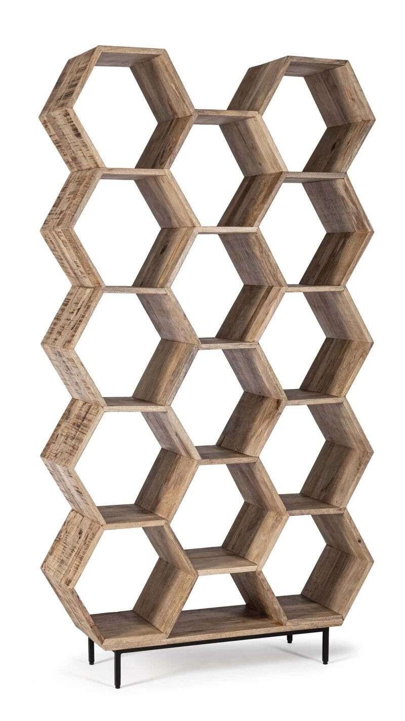 Estanteria moderna in legno con forma esagonale, ideale per decorazioni e storage in casa o ufficio.