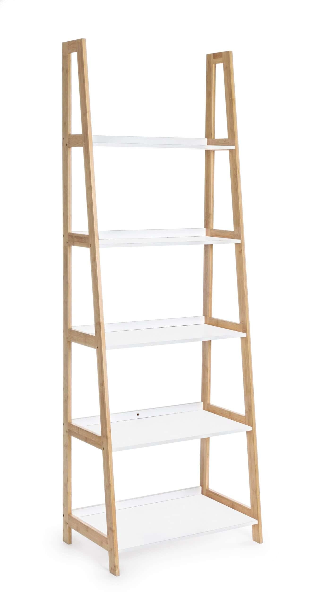 Libreria in legno bianco e naturale, stile minimalista, perfetta per zona living o ufficio.