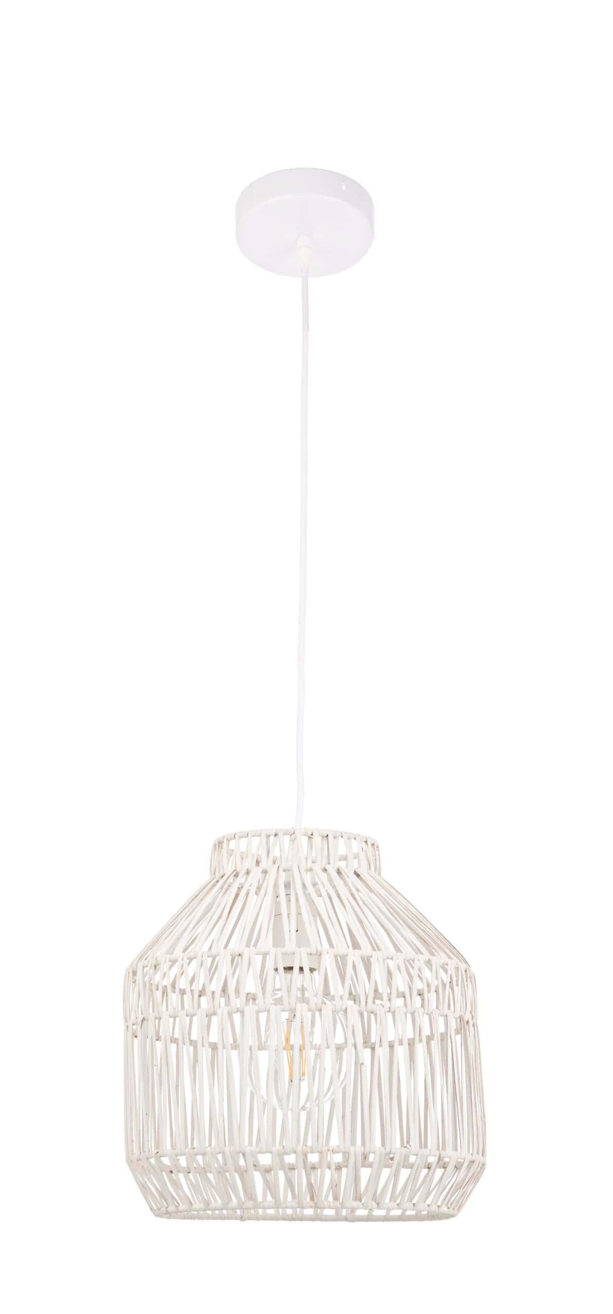 Lampada a sospensione in vimini bianco, decorativa e moderna per ambienti interni e esterni.