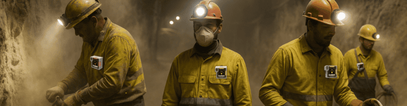 Mehrere Bergleute in gelber Schutzkleidung und Helmen arbeiten in einem stark verstaubten Stollen. Jeder trägt ein Dustlight-Gerät zur Echtzeit-Überwachung der Feinstaubbelastung an der Brust. Die Szene zeigt dichten Staub in der Luft und harte Arbeitsbedingungen unter Tage.