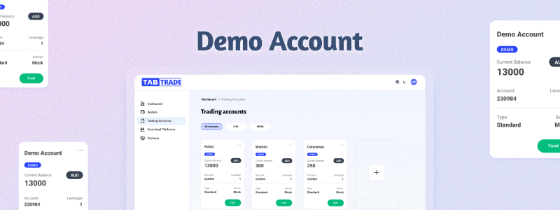 Online trading demo account interface showcasing TABTRADE trading platform features and account management tools.