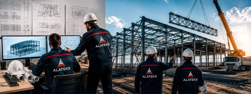 Етапи повного циклу ALATEKS — проєктування КМД, виробництво в цеху, антикорозійний захист та монтаж конструкцій