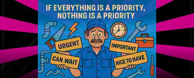 Technician juggling tools, calendars, and paperwork while looking stressed