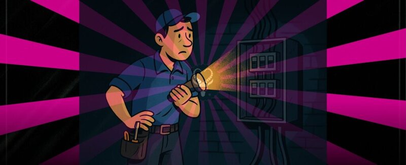 Frustrated technician in a dark work van searching for tools with minimal lighting
