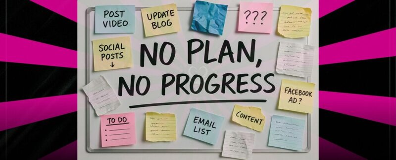 Trades business owner surrounded by marketing tools, looking overwhelmed but motivated