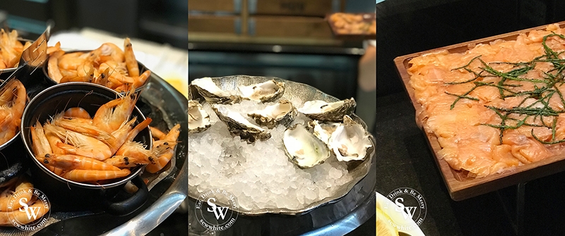 The freshly prepared fish counter with prawns, oysters and smoked salmon